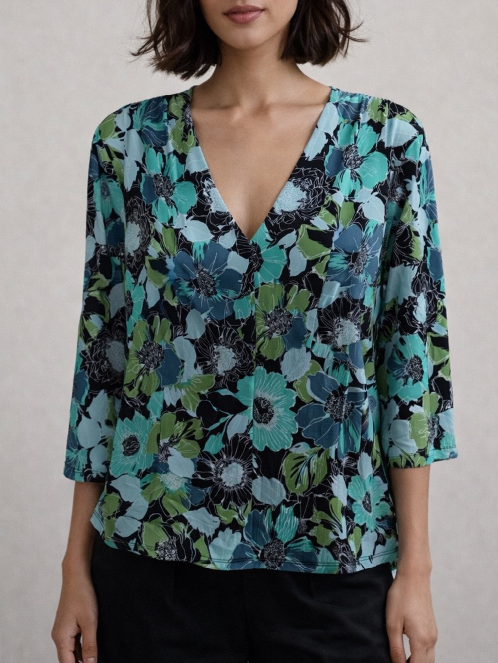 East 5th Floral V-Neck Long Sleeve Top in Teal, Mint‎ and Black size XL